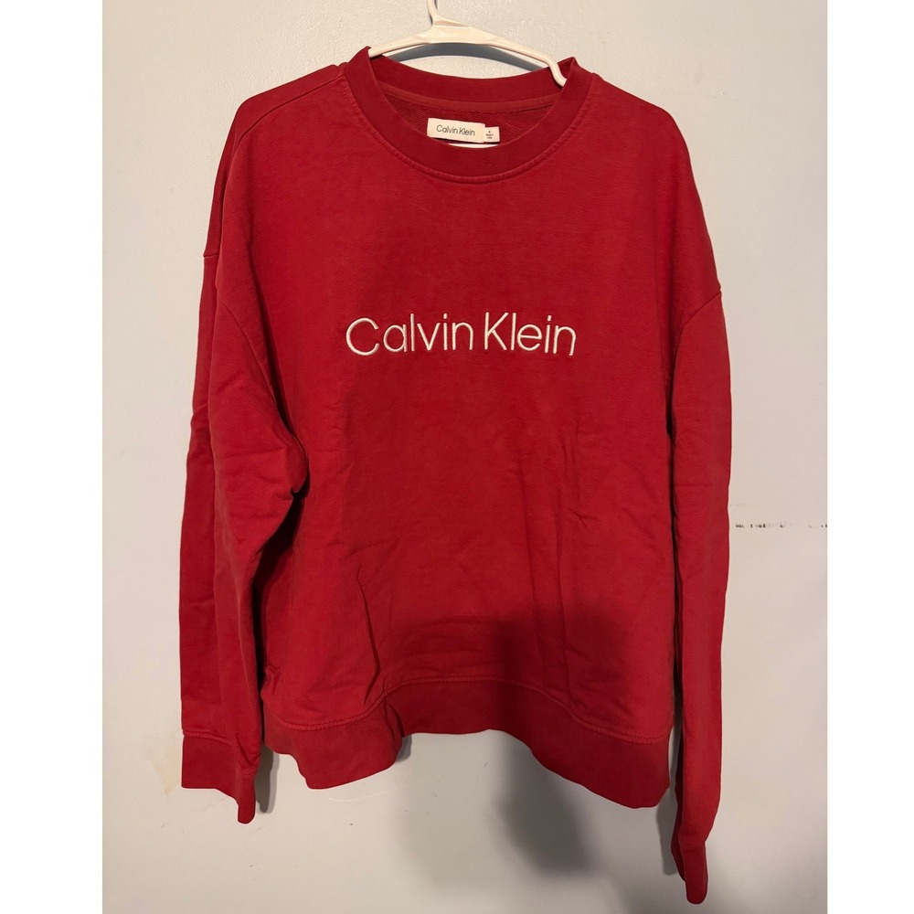 Calvin Klein Mens Red Embroidered Logo Crewneck Sweatshirt Medium French Terry